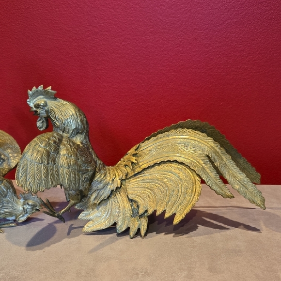 Fighting Roosters Gamecocks Figurine Set Brass Made In Italy - Picture 3 of 6
